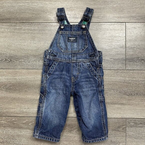 OshKosh B'gosh Overalls All over Denim Size 6 months Carpenter Style Plaid Lined - Picture 1 of 5
